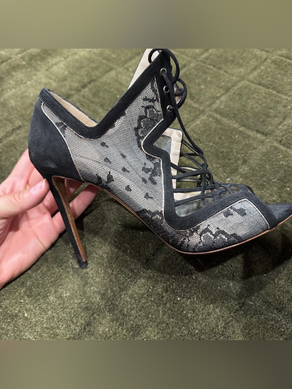 Nicholas Kirkwood Black Suede and Lace Lace-Up Peep-Toe Stiletto - 39 - Picture 4 of 13